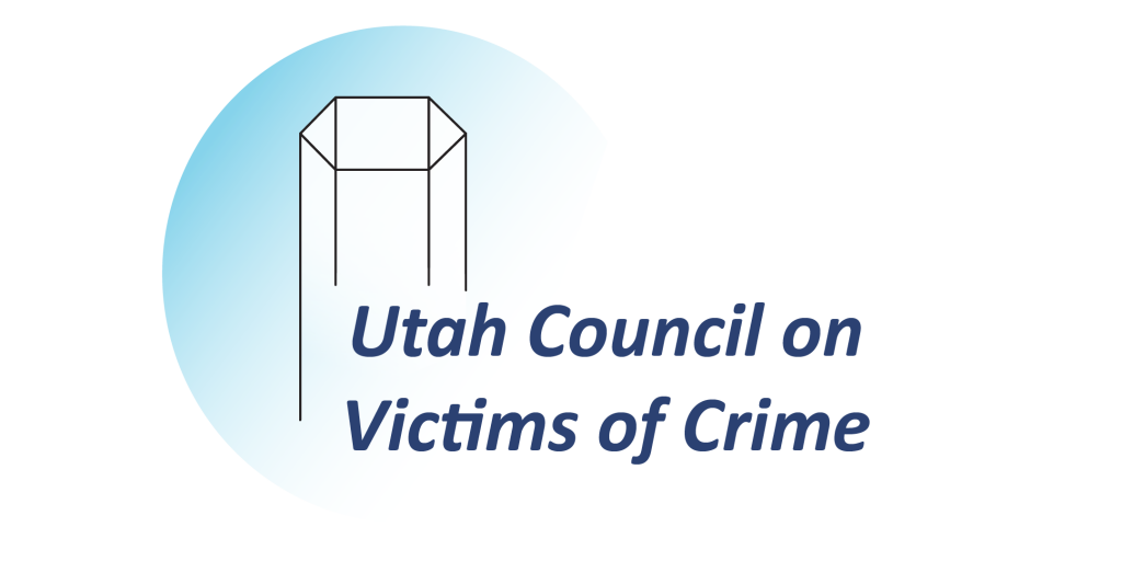Logo with dark blue text of "Utah Council on Victims of Crime", a white pillar, and shaded blue half moon