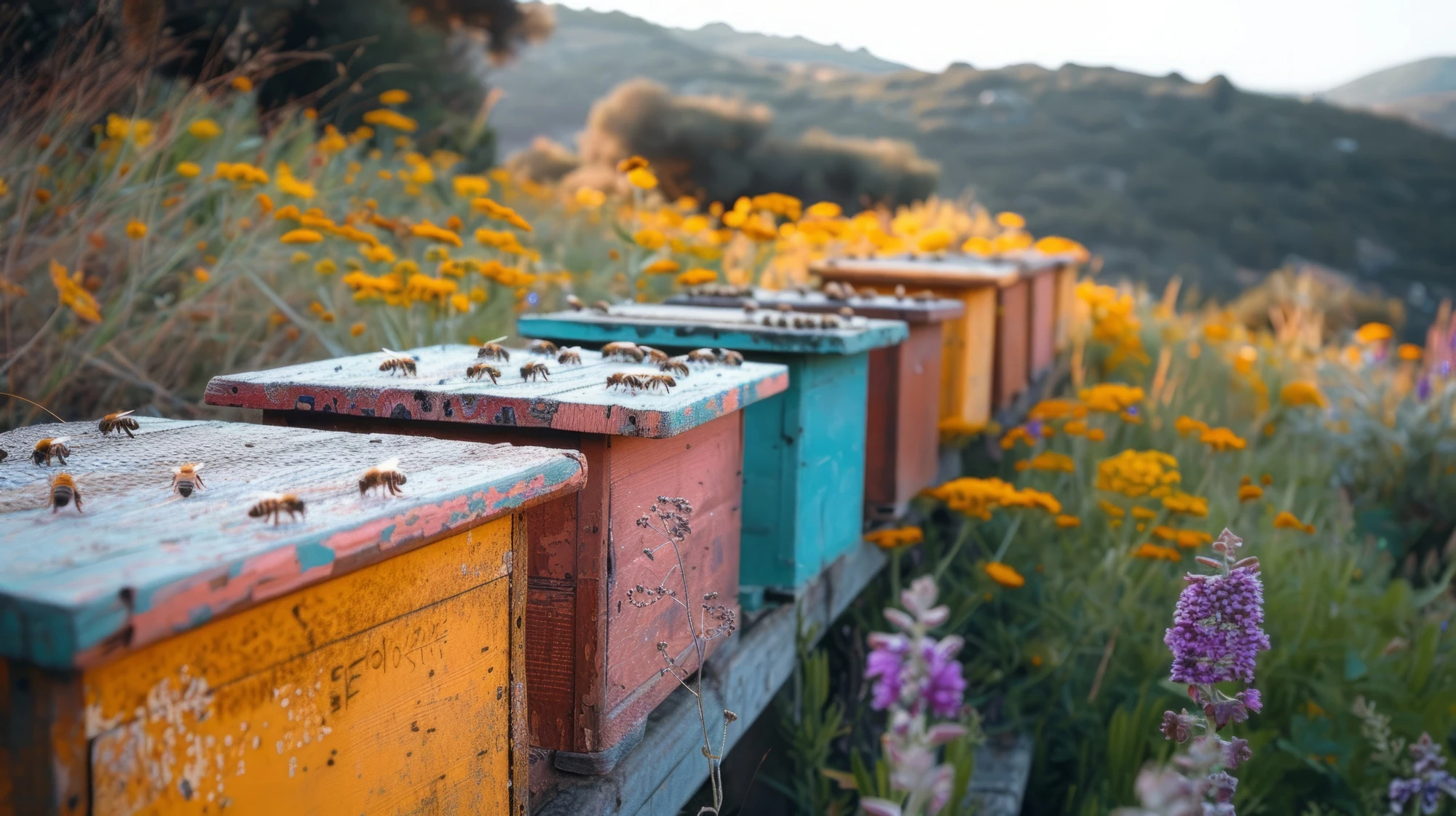 Colorful beehives with bees, surrounded by wildflowers in a sunny, mountainous landscape.