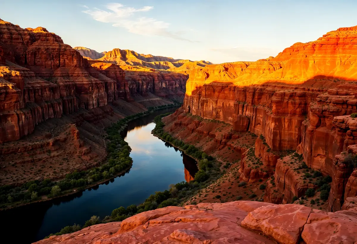 A winding river flows between red rock canyon walls at sunset.