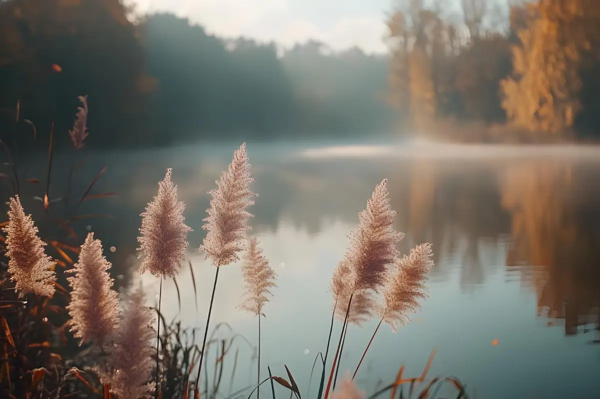 Feathery grasses by a calm lake with mist and autumn trees in the background.