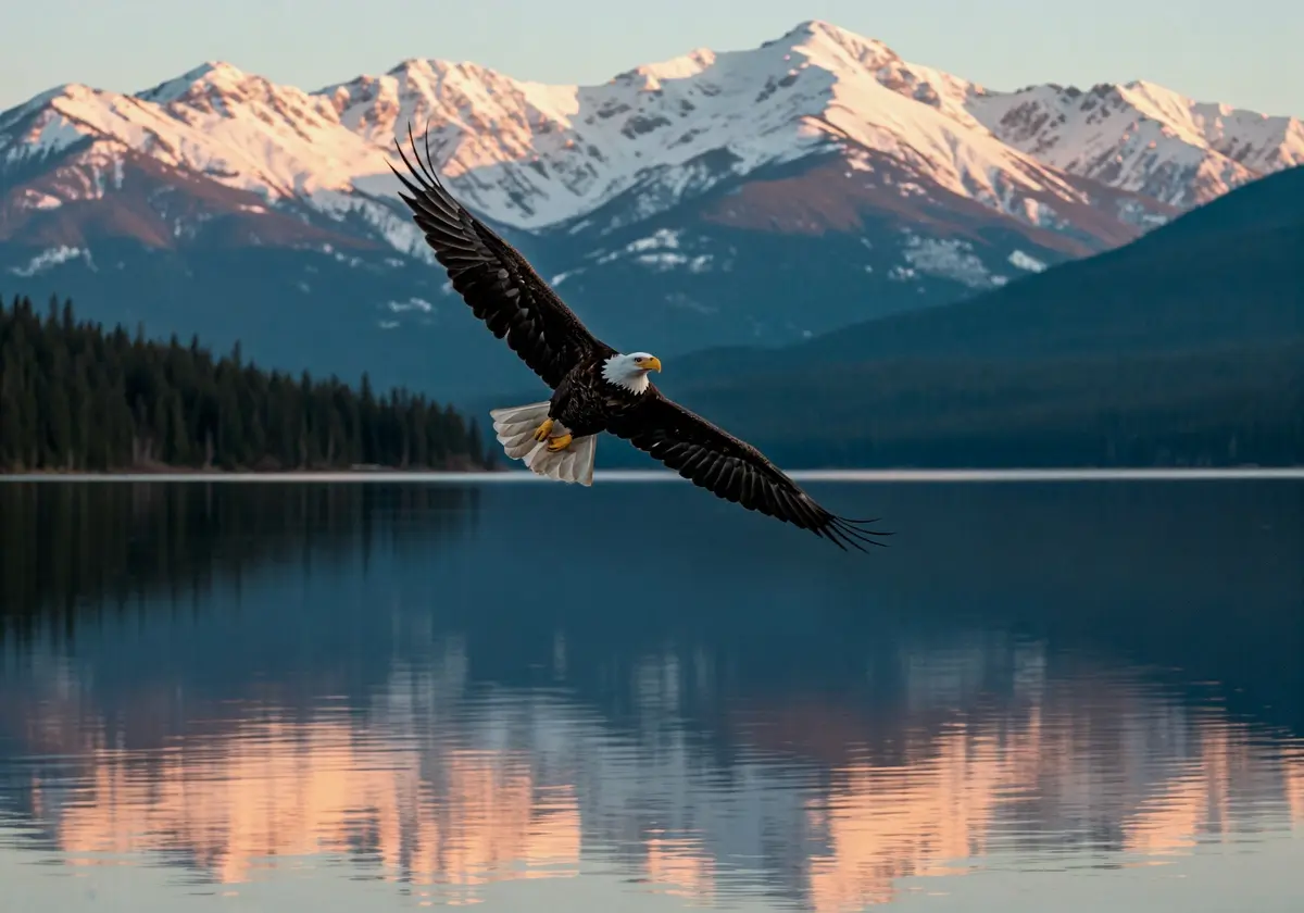 A bald eagle soars over a calm lake with snow-capped mountains in the background.