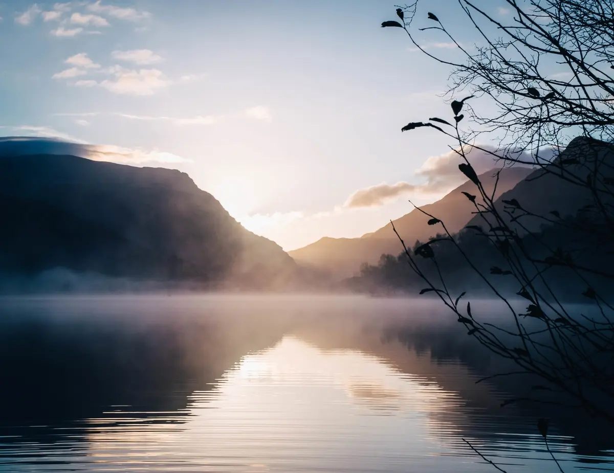 Sunrise over misty mountains reflected in a calm lake, with branches in the foreground.