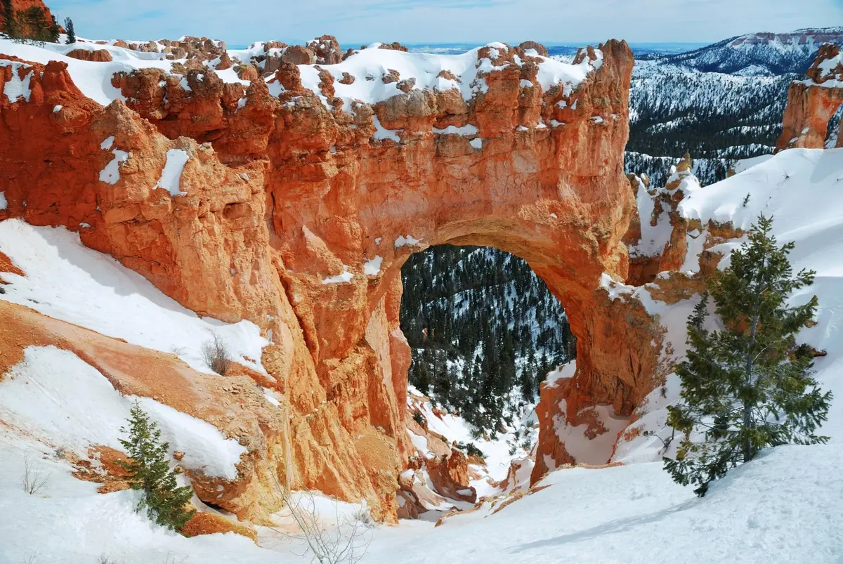 Snow-covered orange rock arch at Bryce Canyon National Park with pine trees in the foreground.